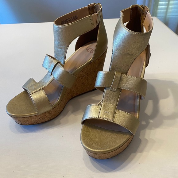 UGG Whitney Gold Metallic Cork Wedge Platform Sandal Women's Size 7 - Picture 2 of 13
